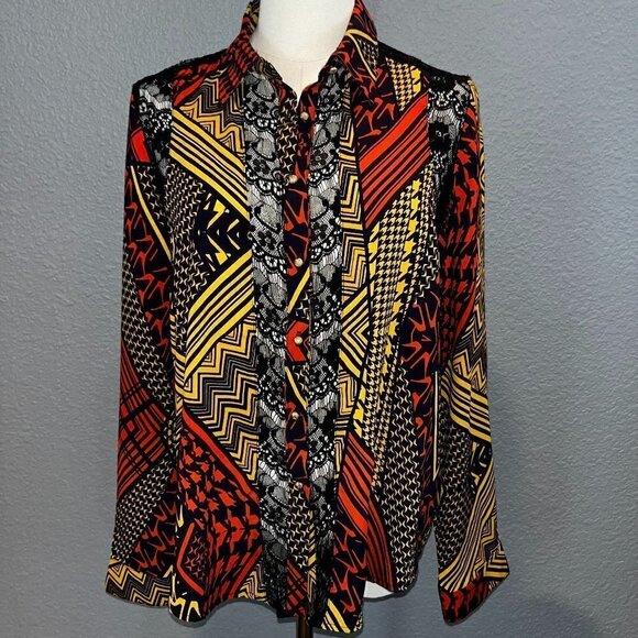 Anthropologie Anthro SKIES ARE BLUE Abstract Sheer Lace Button Up Shirt Top - L - Picture 1 of 10